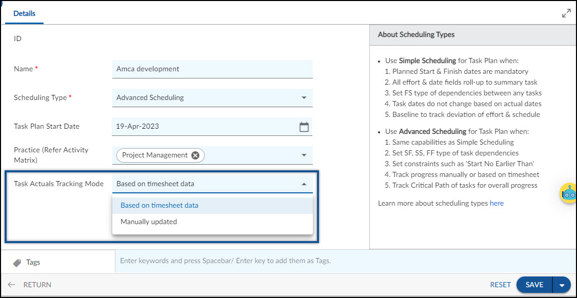 Time Tracking in Advanced Scheduling