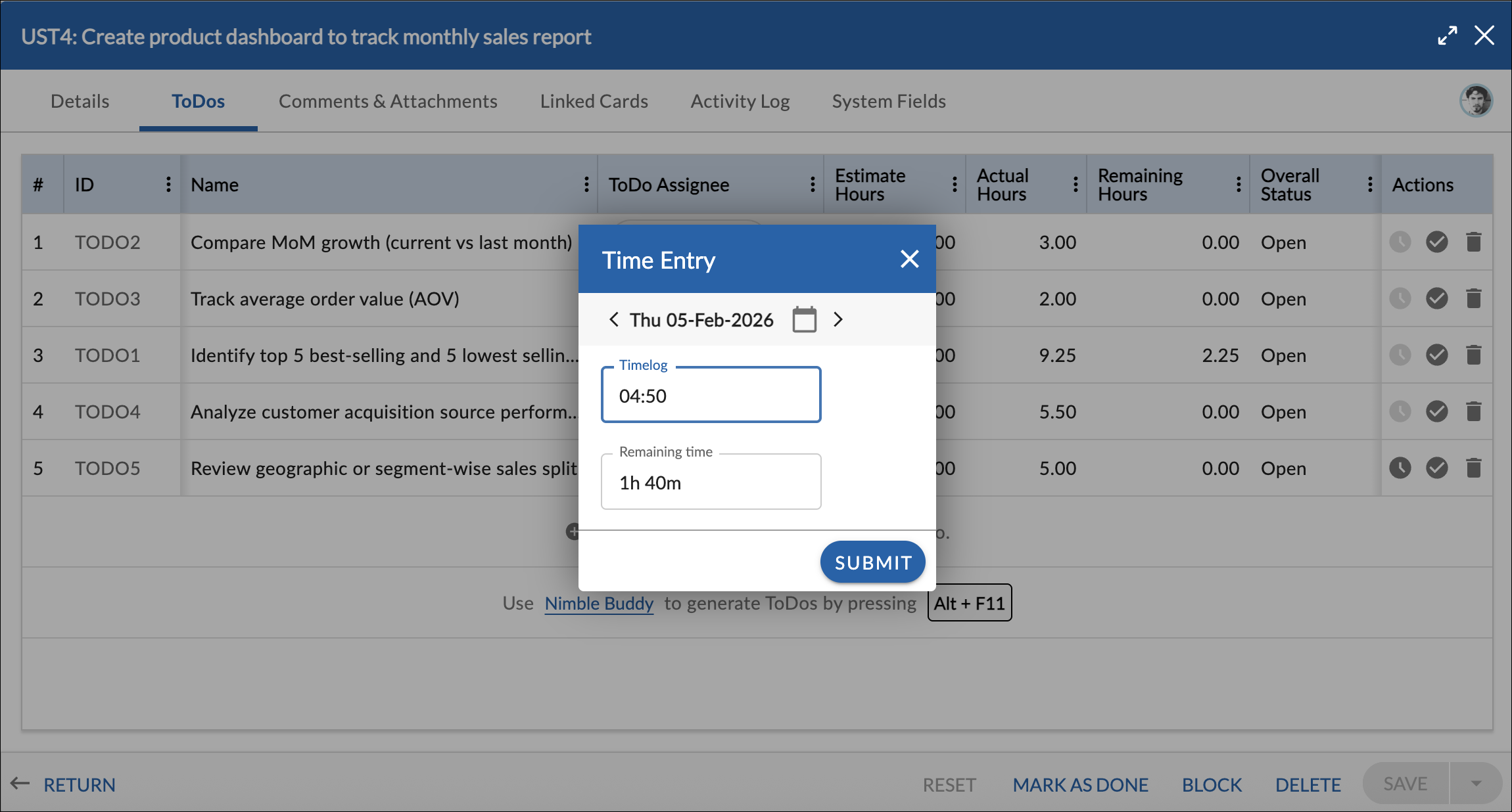 Time Entry from ToDos tab