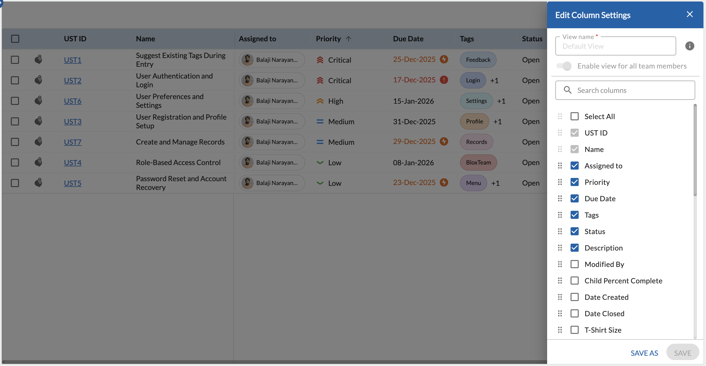 Column Settings