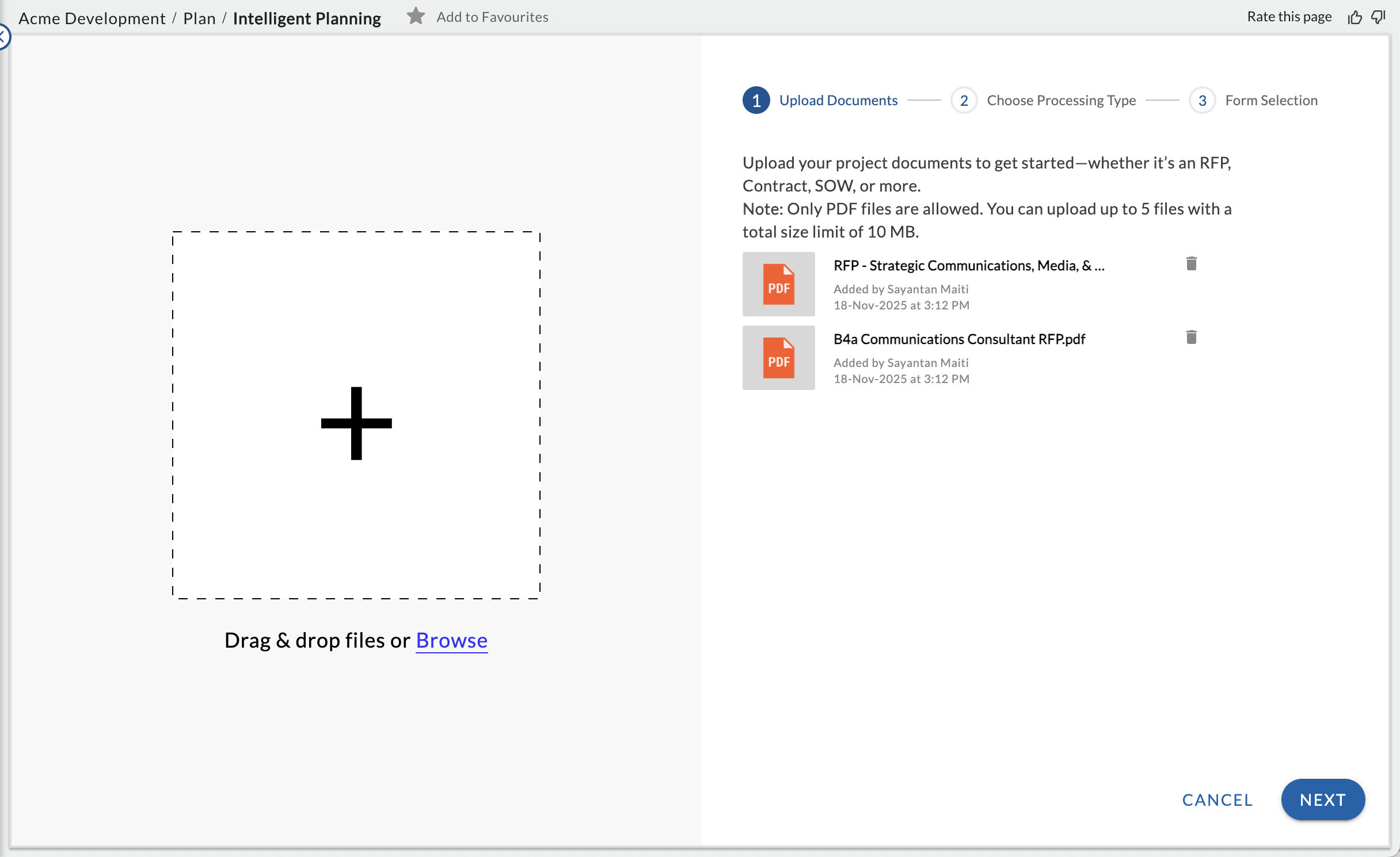 Upload documents to a project