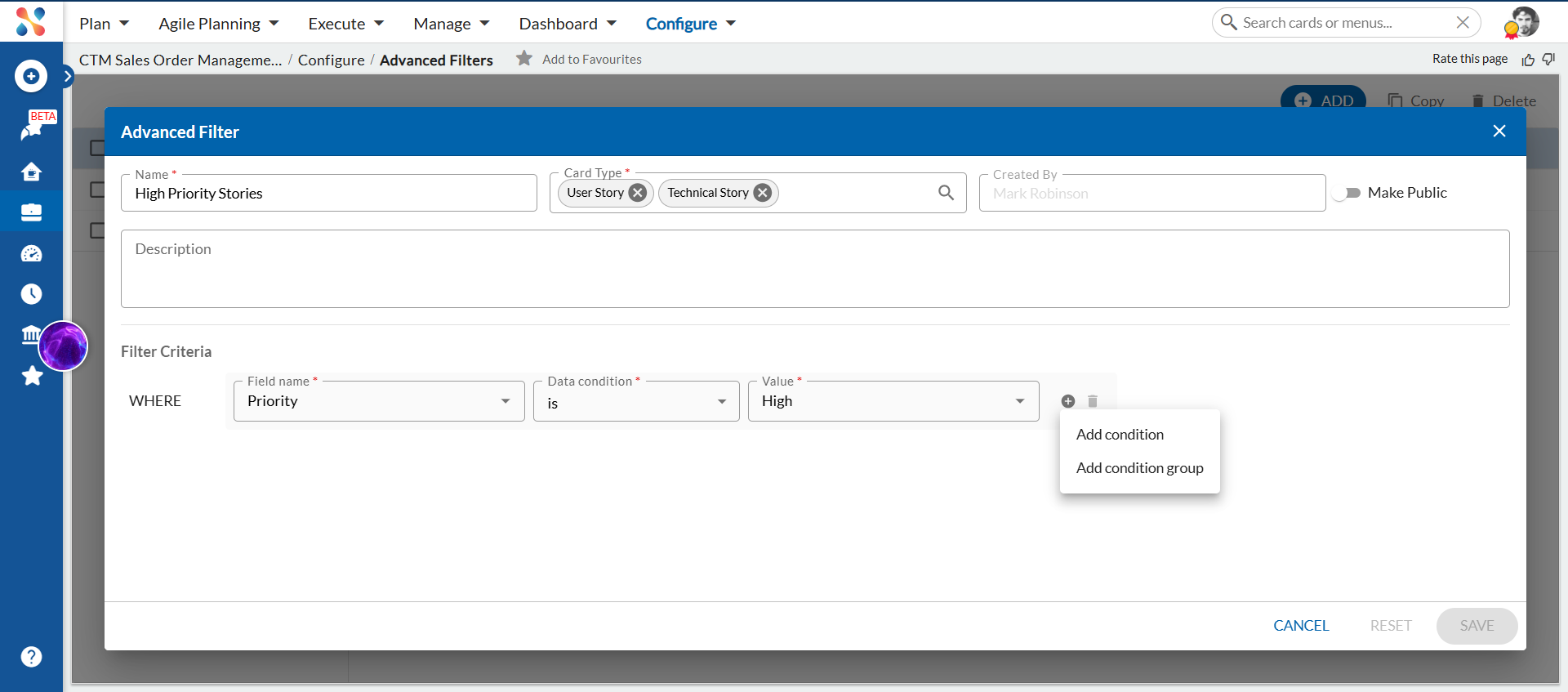 The + icon dropdown showing Add condition and Add condition group options