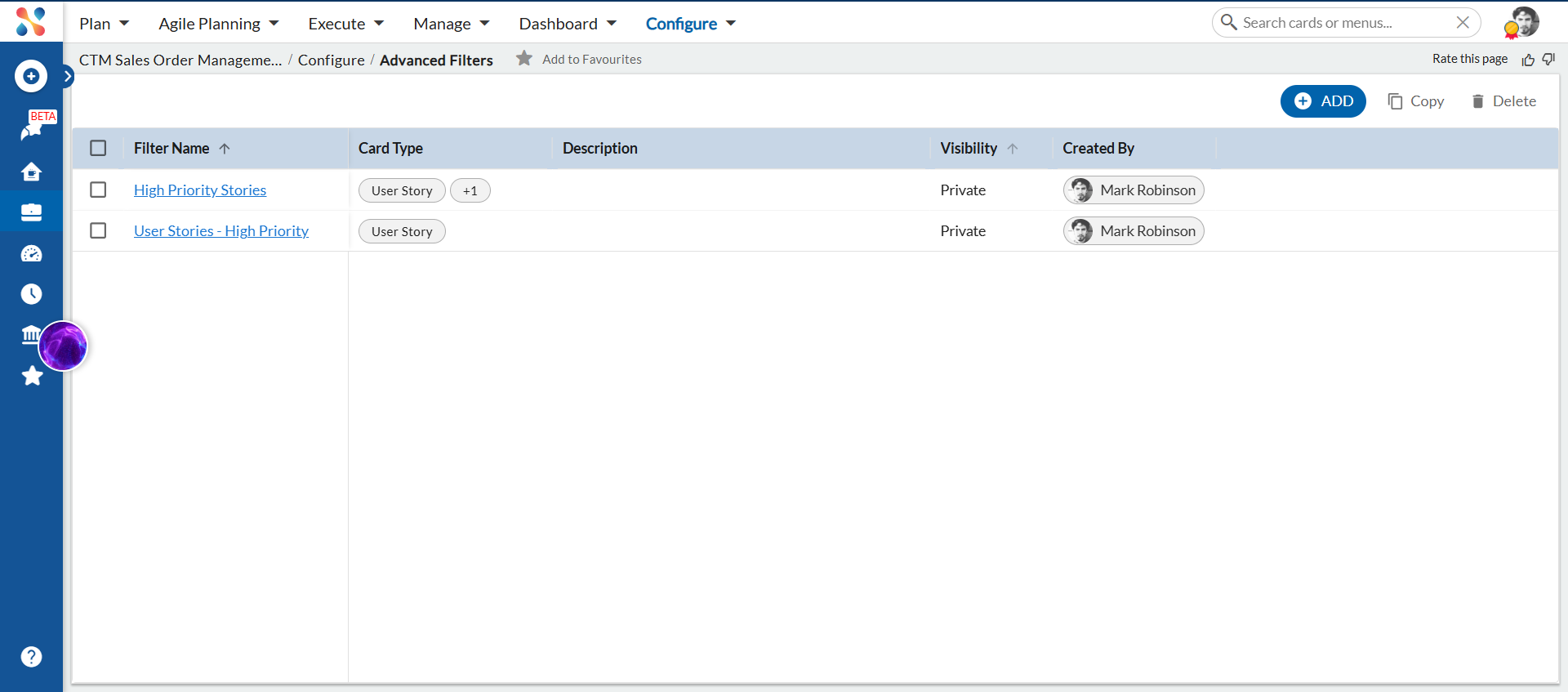 Advanced Filters page showing the list of saved filters