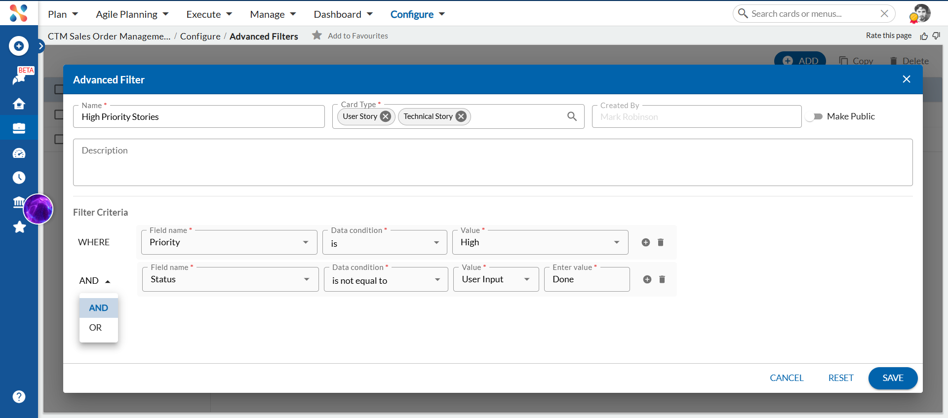 The AND/OR toggle dropdown on a condition row