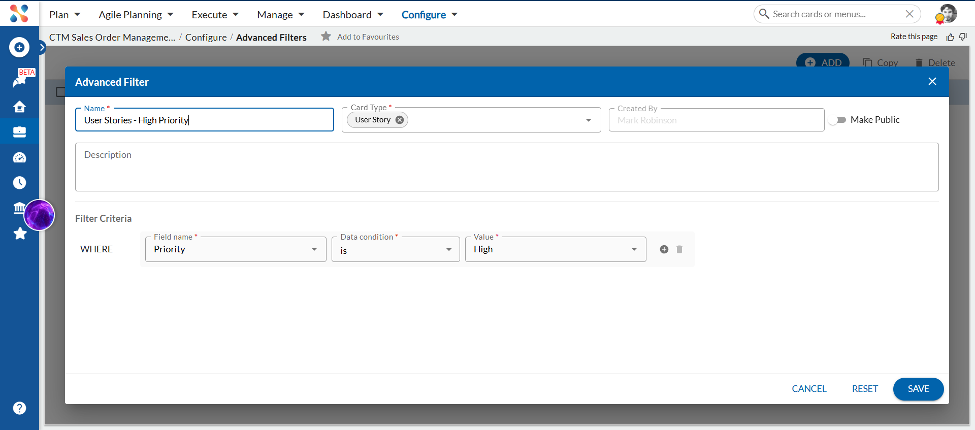 Advanced Filter form with User Story card type and Priority is High criteria