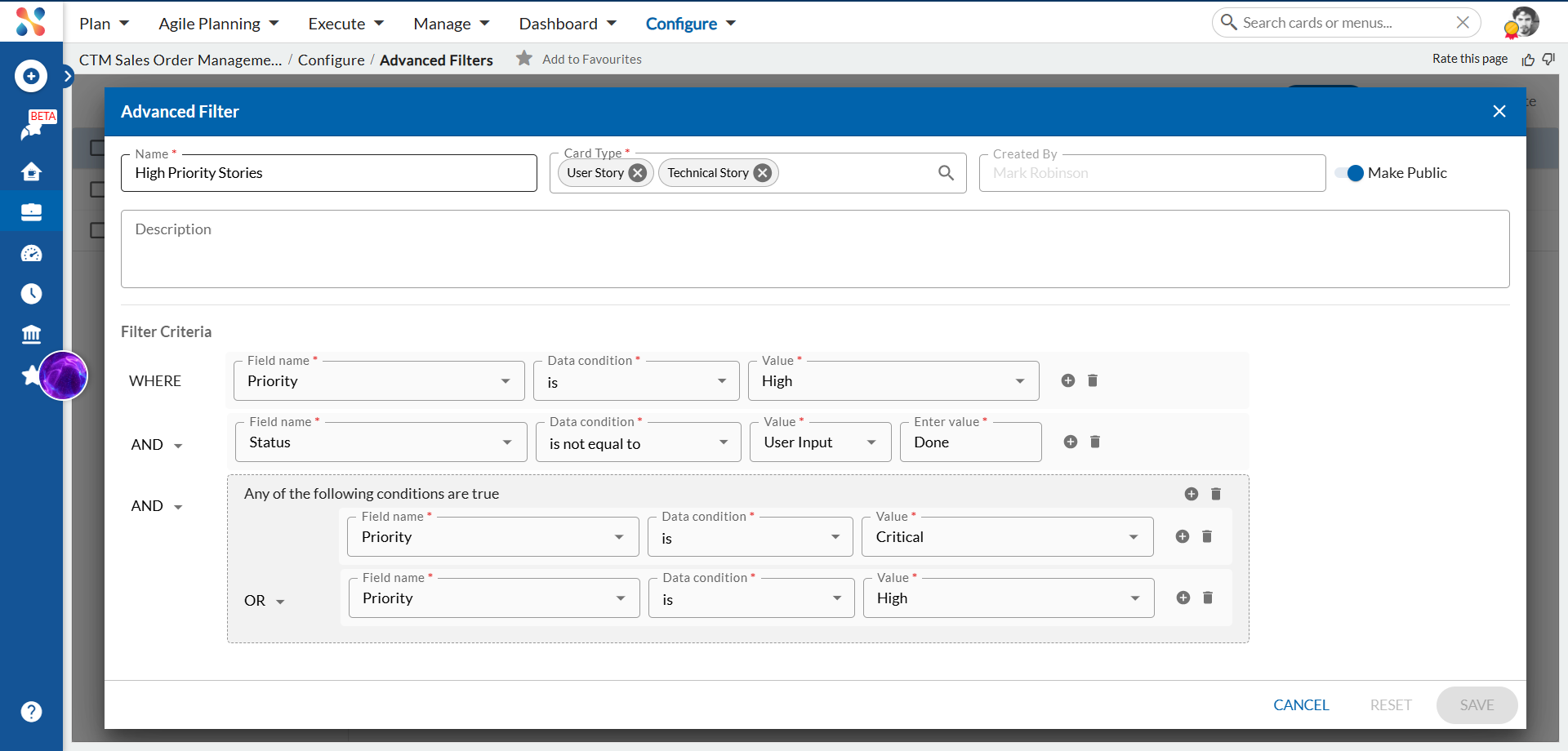 Advanced Filter form showing multiple card types, Make Public enabled, AND condition, and OR condition group