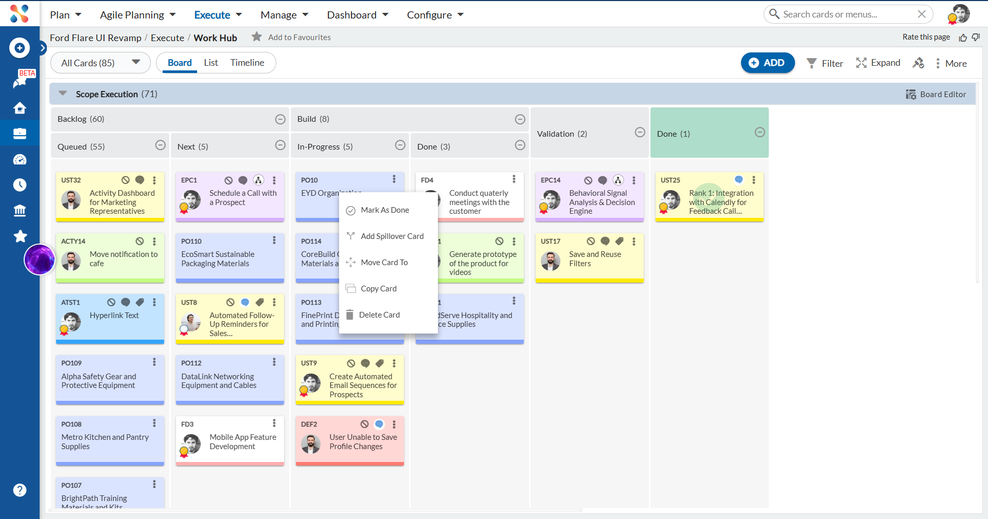 Card Options three-dot menu on a Work Hub card showing all available actions