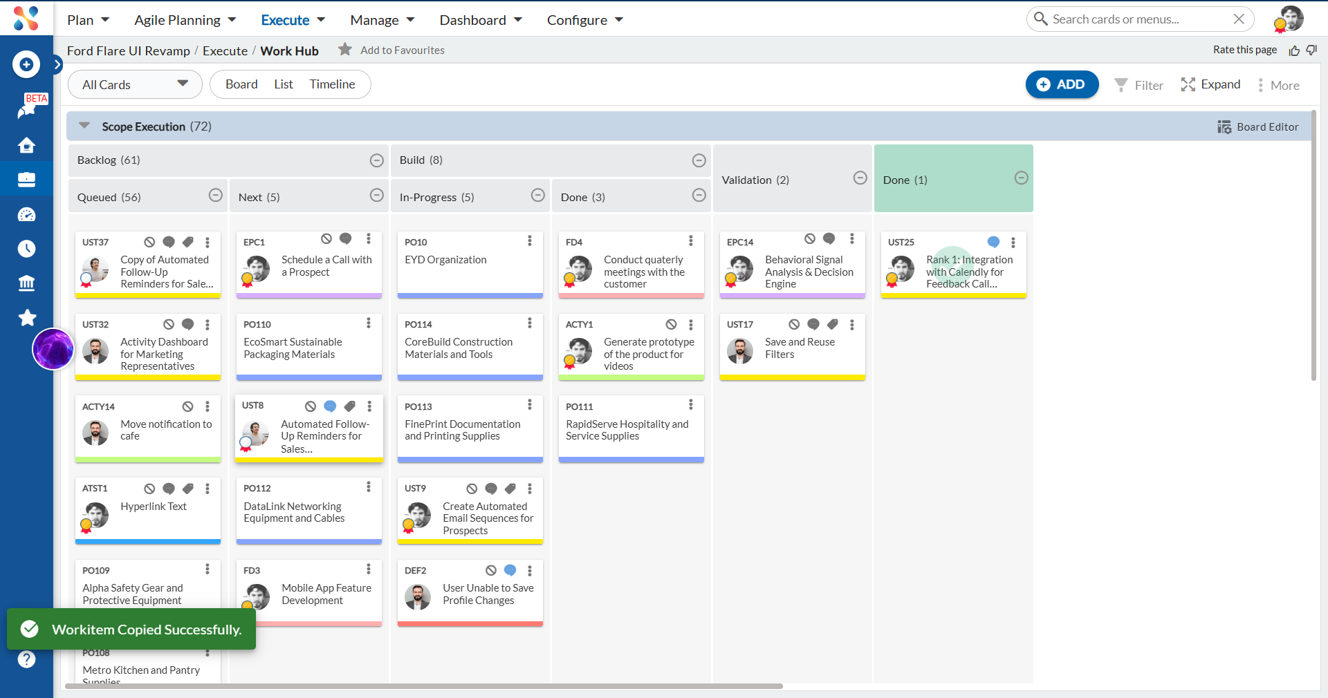 Workitem Copied Successfully notification after using Copy Card