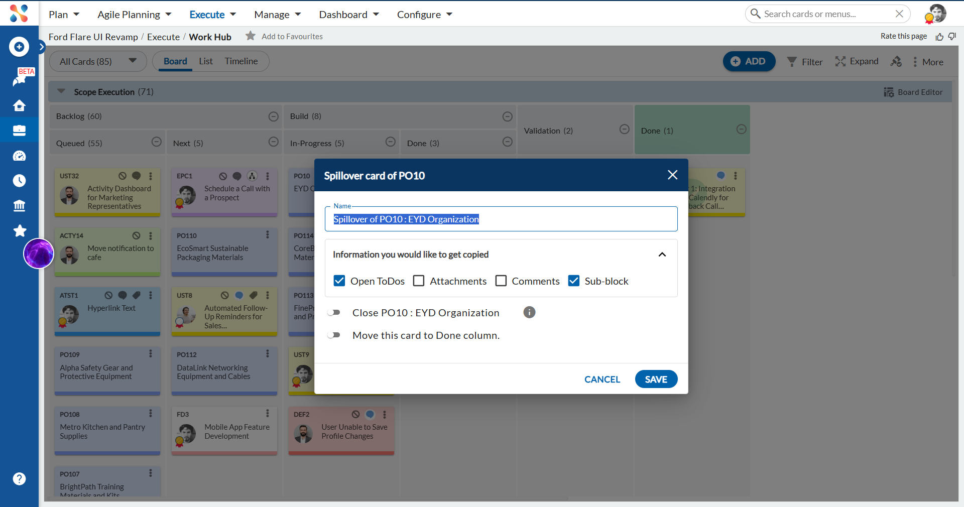 Spillover card window showing Information you would like to get copied section including Sub-block option