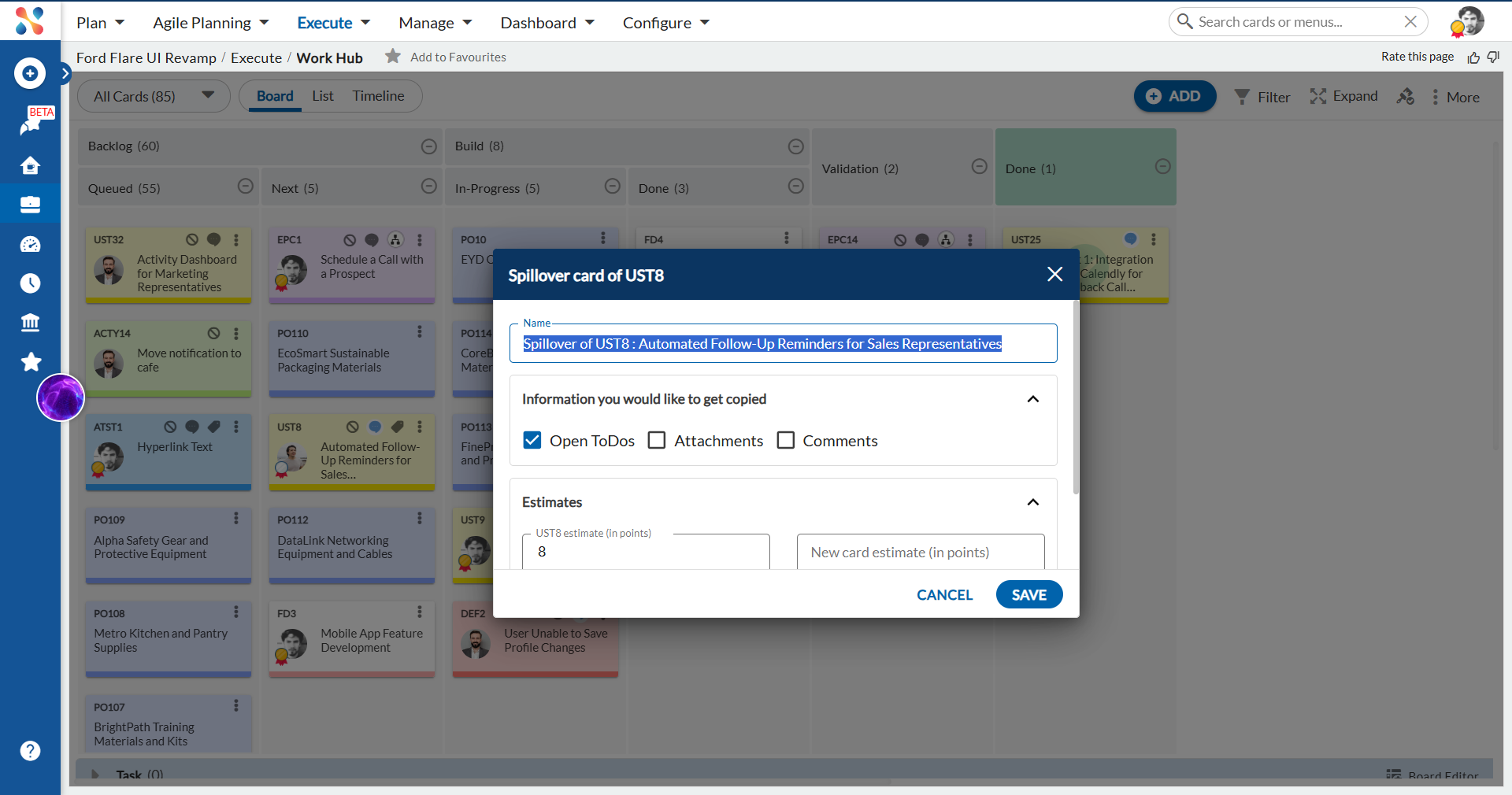 Spillover card window showing Estimates section for card types with Estimate Points enabled