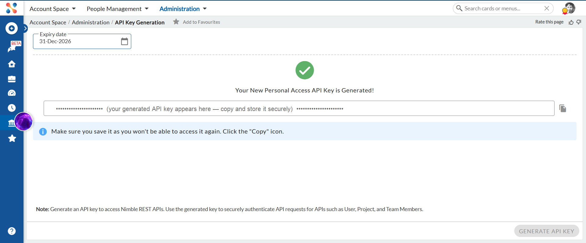 API key generated with a Copy icon