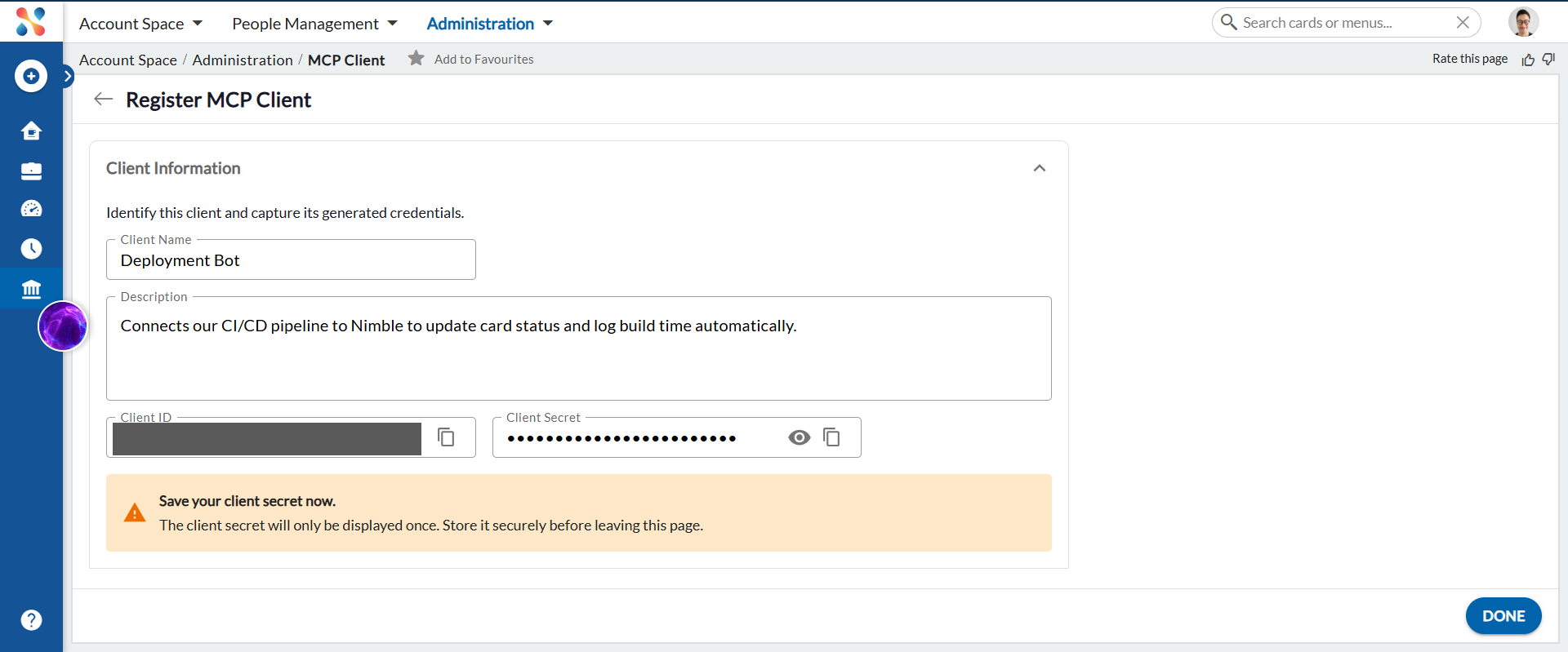 Client ID and one-time Client Secret shown after registration