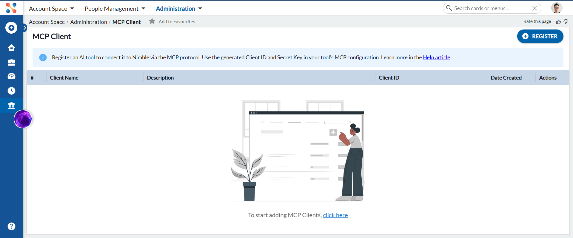 MCP Client screen under Account Space Administration