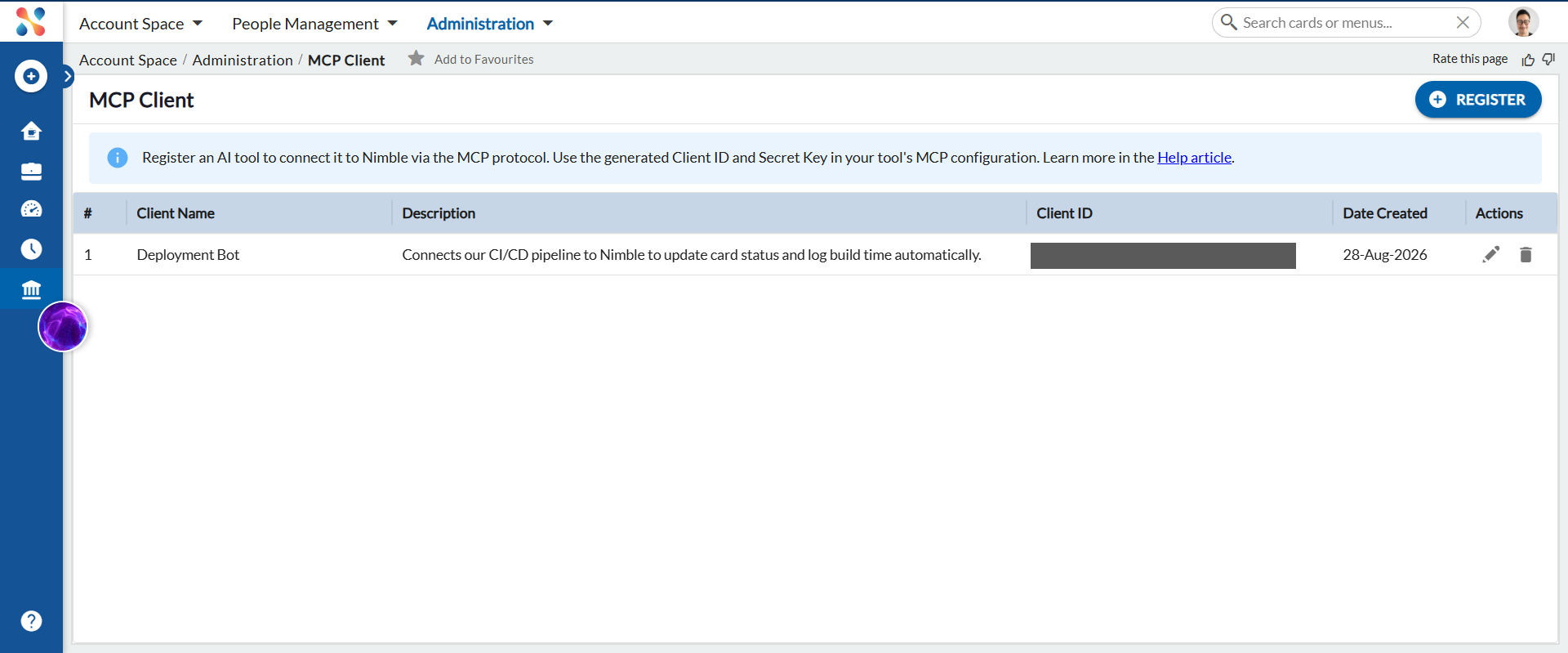 MCP Client list showing a registered client