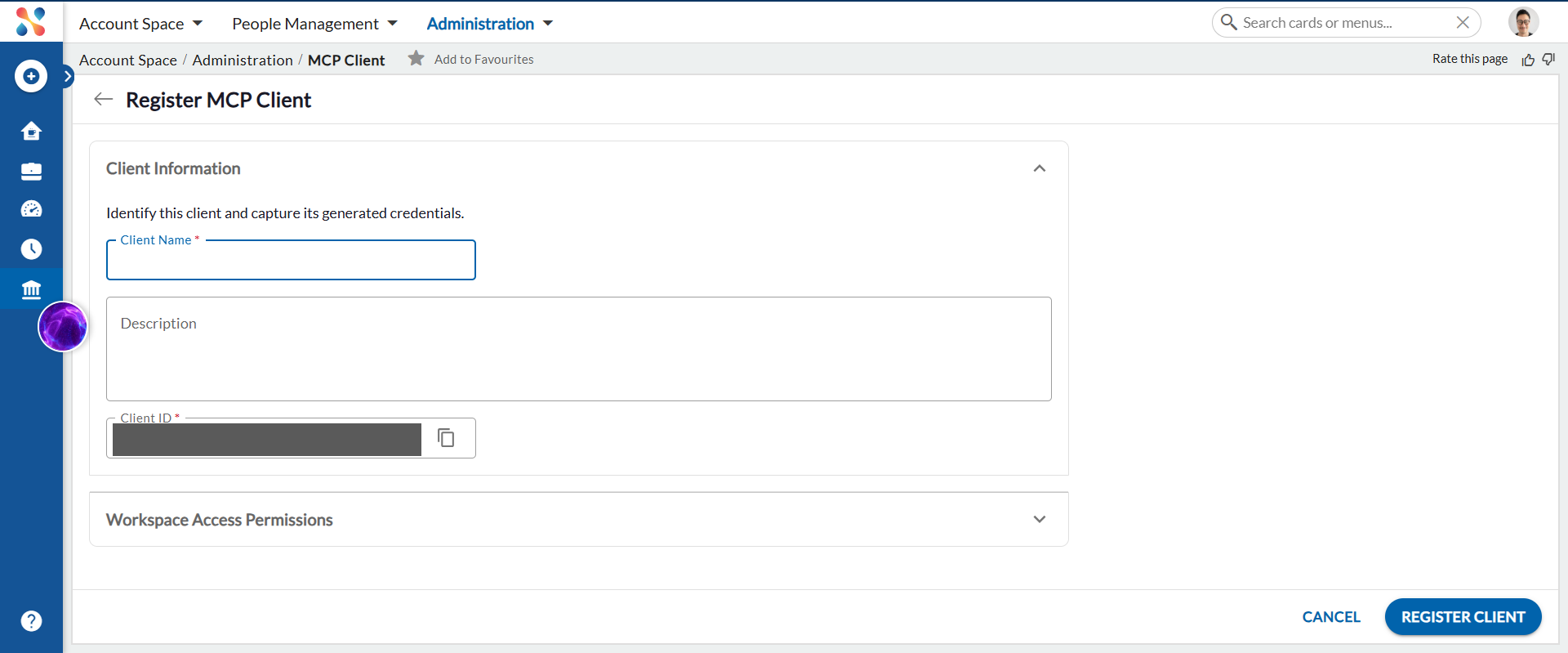 Register MCP Client form with Client Name, Description, and Client ID