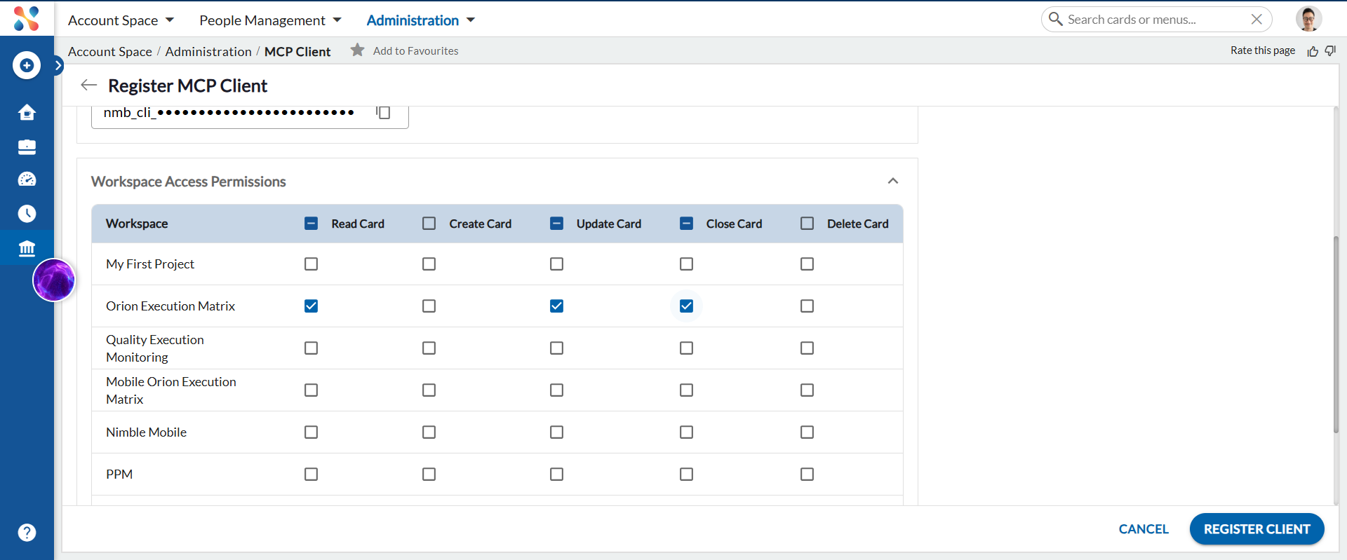 Workspace Access Permissions matrix for an MCP Client