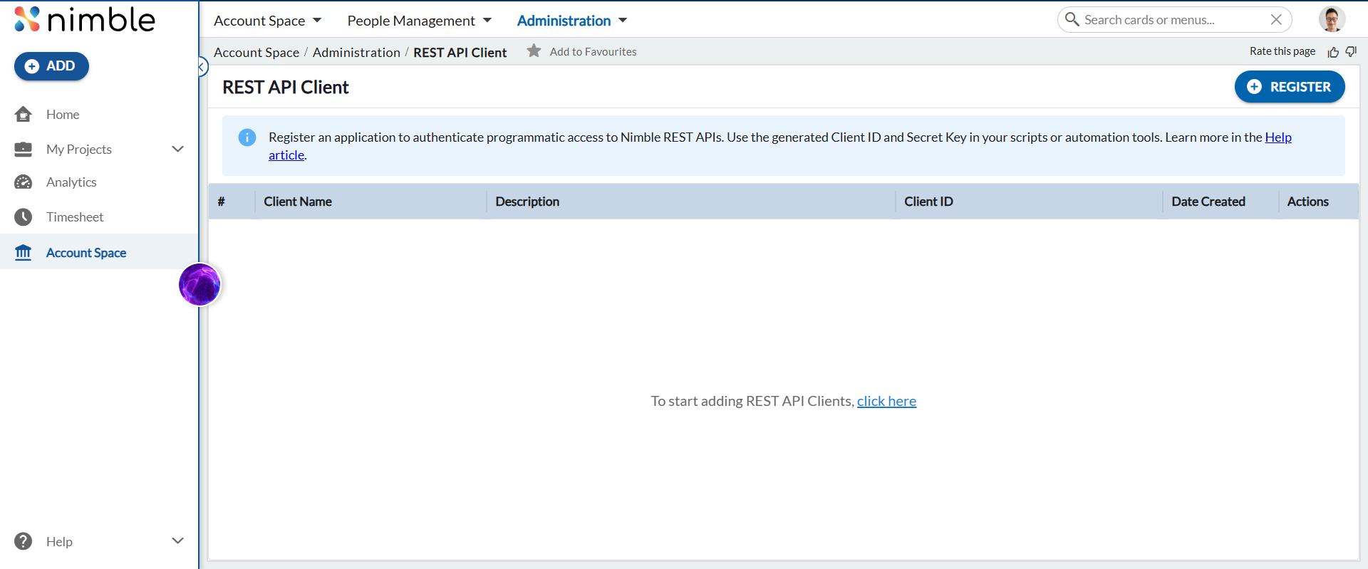 REST API Client screen under Account Space Administration