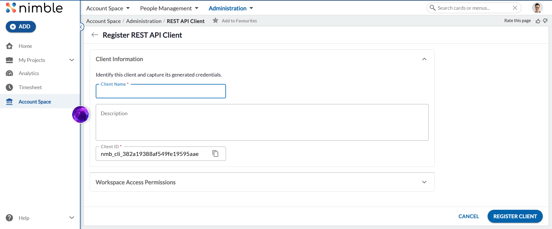 Register REST API Client form