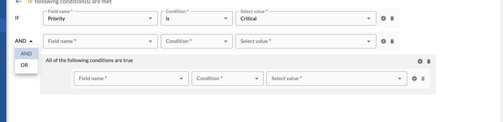 Condition rows joined with AND, with the AND and OR choice open and a condition group below