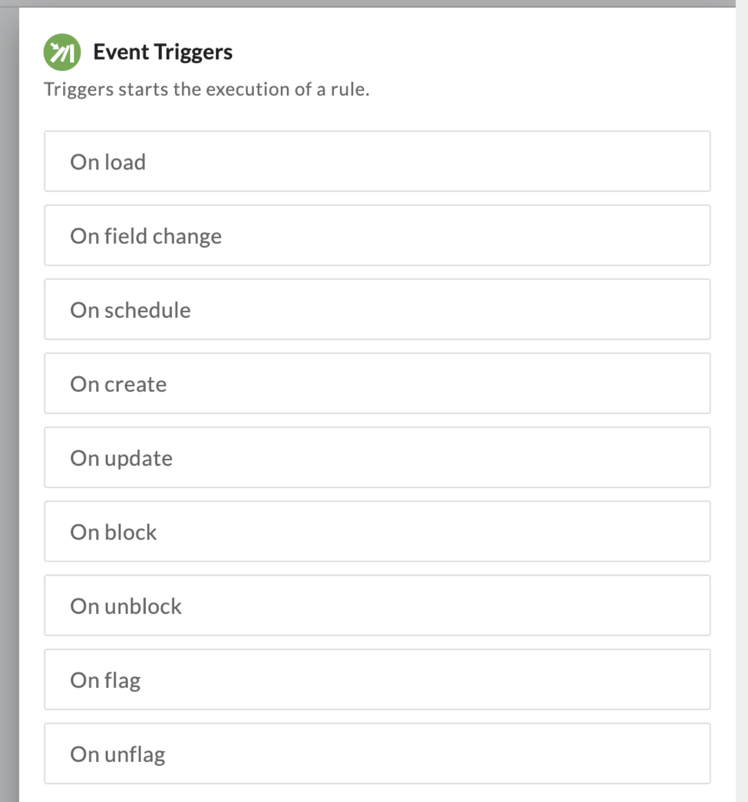 Event Triggers panel listing On load, On field change, On schedule, On create, On update, On block, On unblock, On flag and On unflag