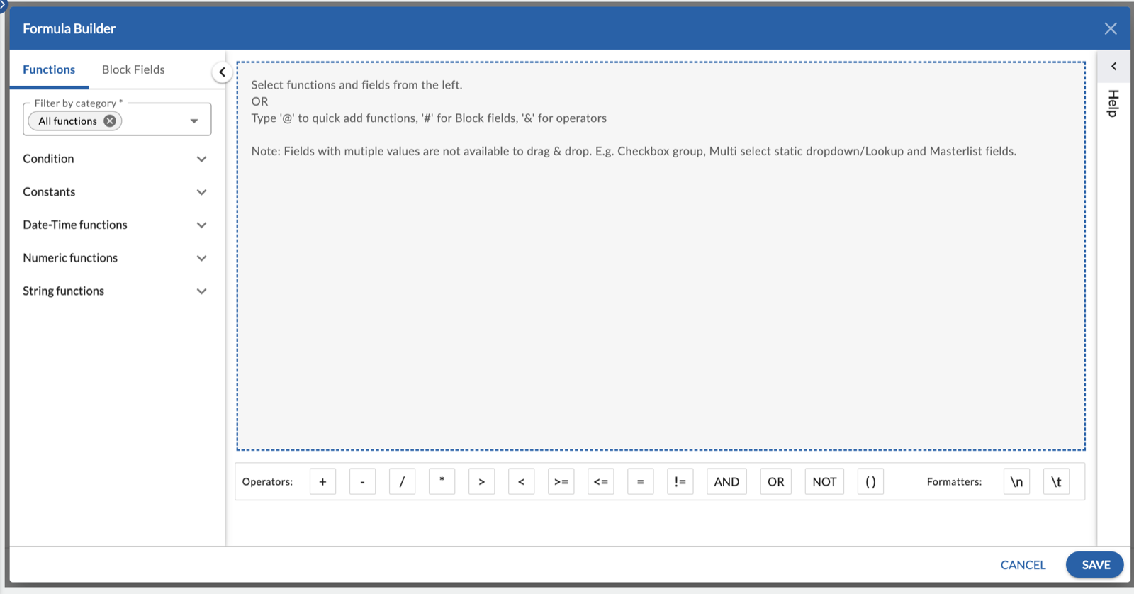 Formula Builder dialog with the Functions and Block Fields tabs, the formula area, and the operator buttons