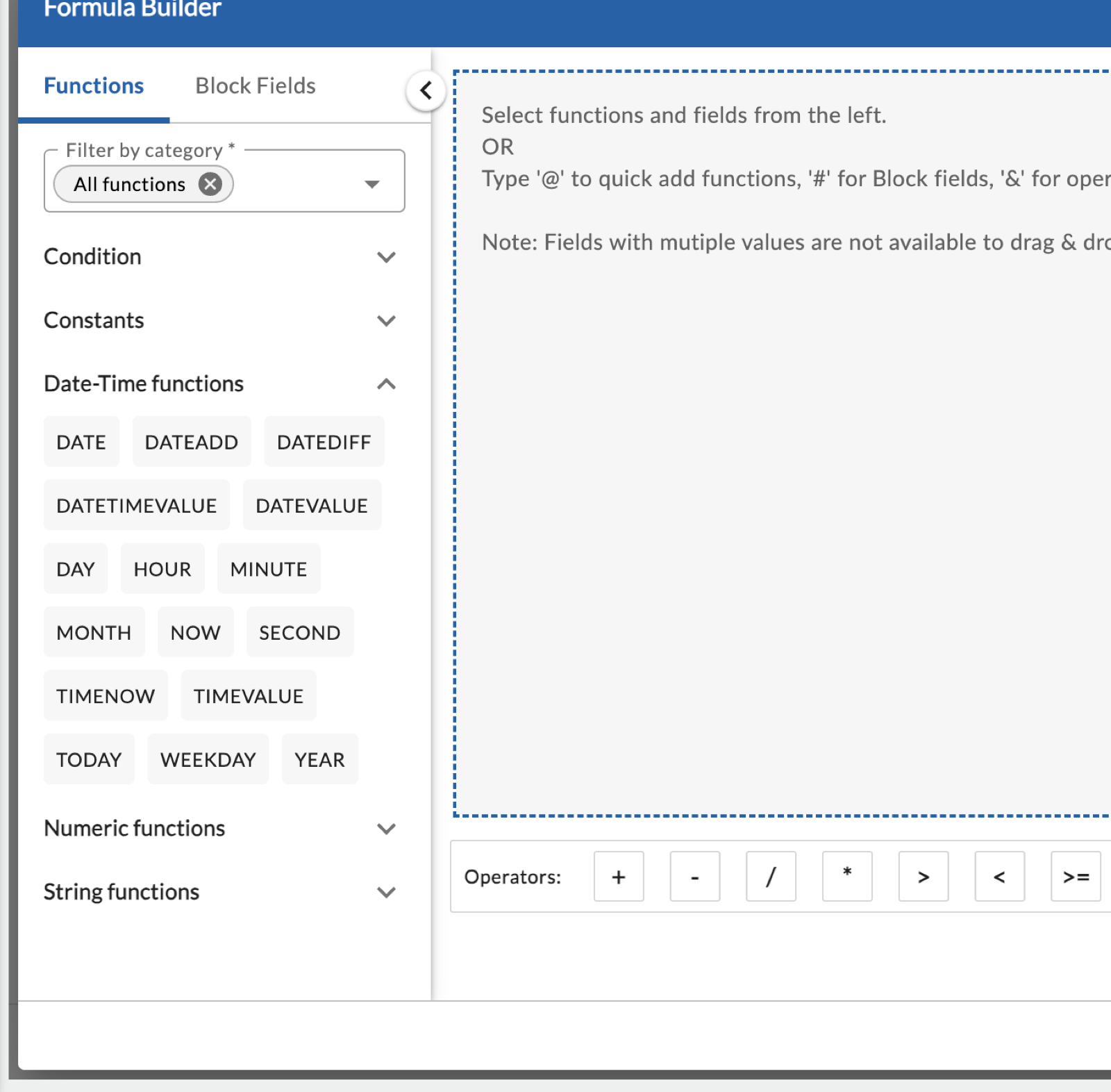 Date-Time functions expanded in the Formula Builder function list