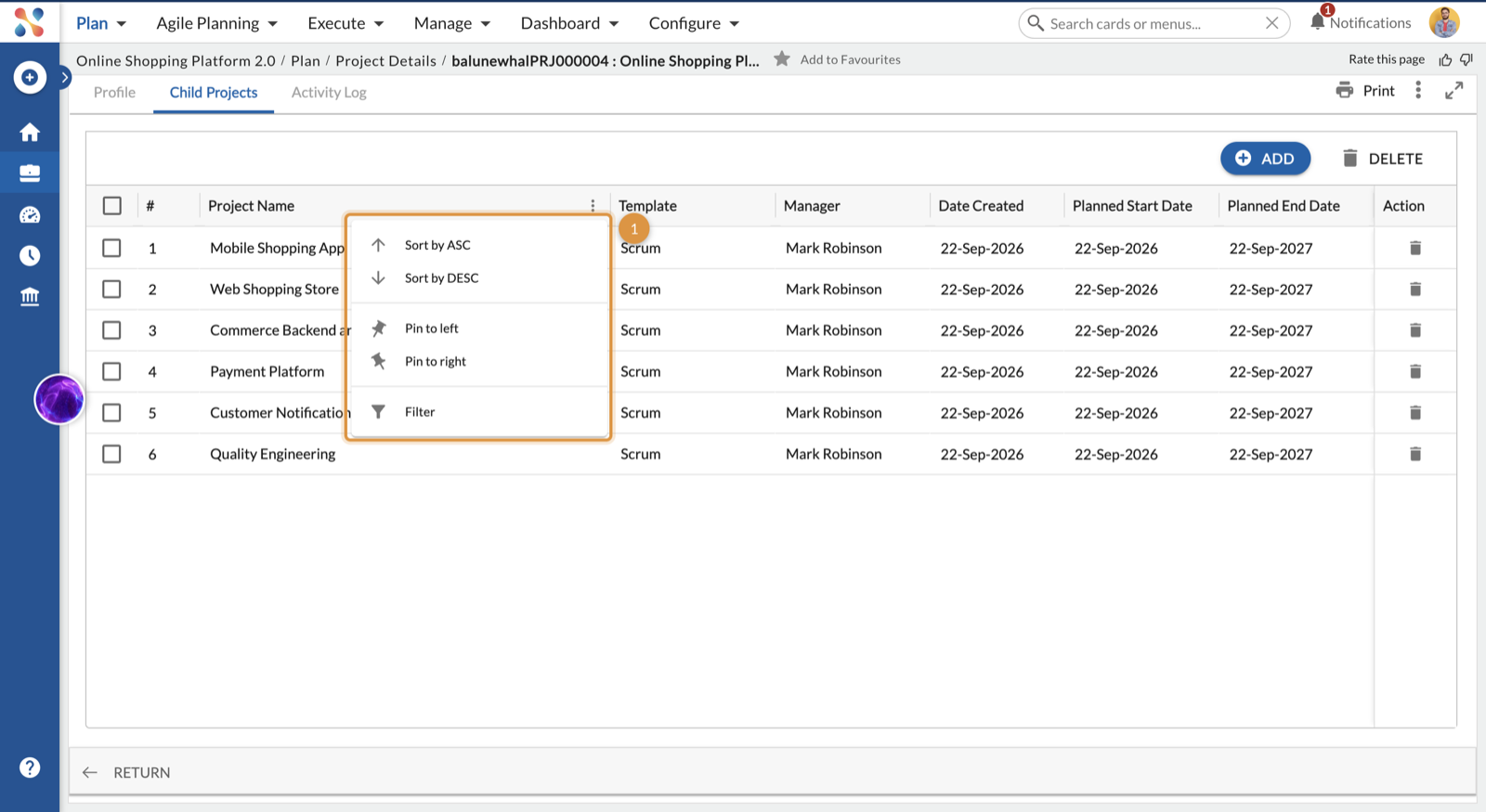 Column options menu open on the Program Hierarchy grid showing sort, pin and filter