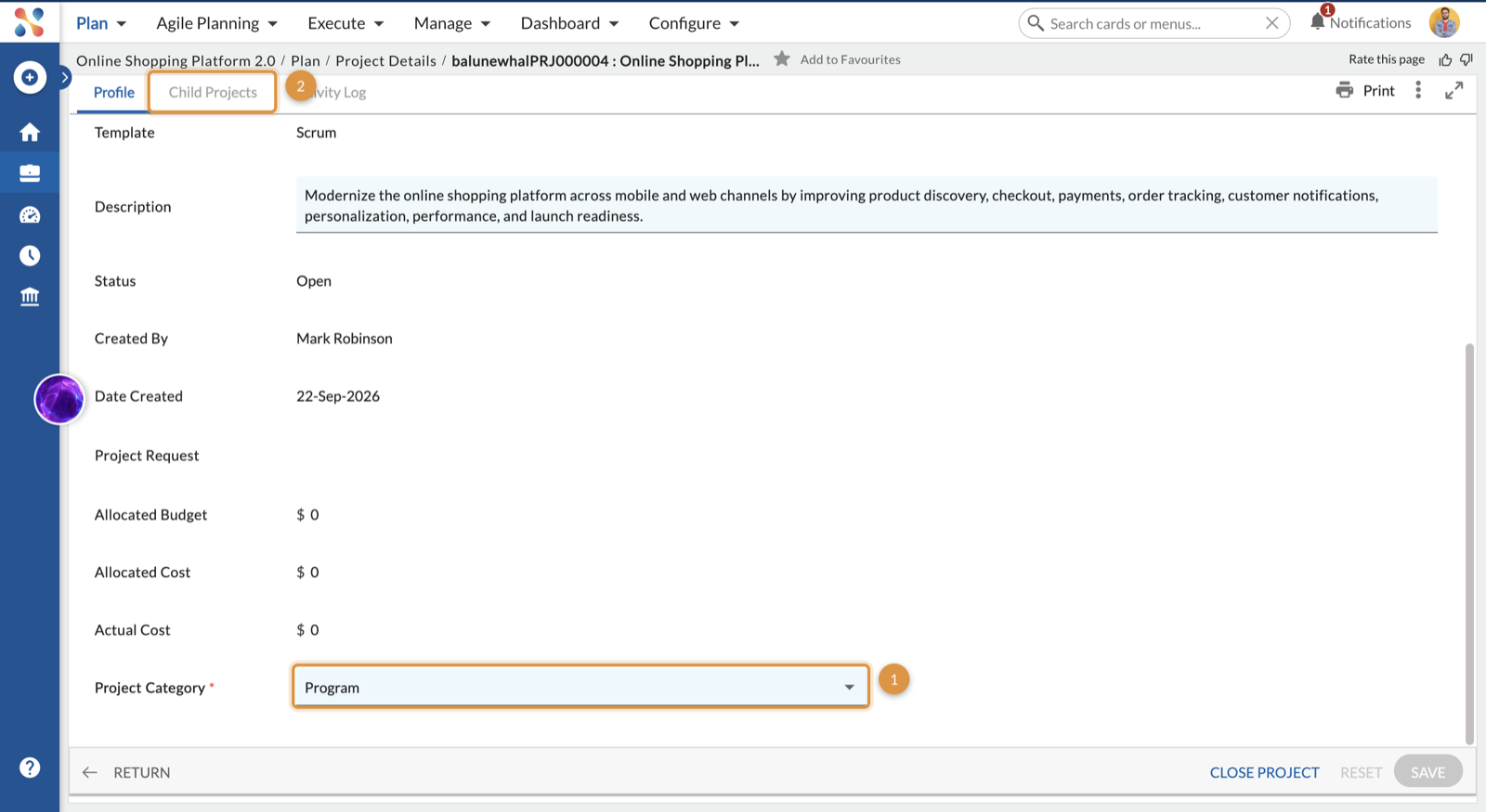 Project Category set to Program and the Child Projects tab on the Project Details page