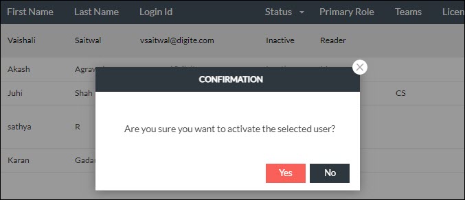 confirmation screen for activating the user