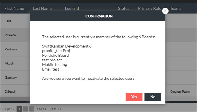 confirmation screen showing the list of Boards user is member of