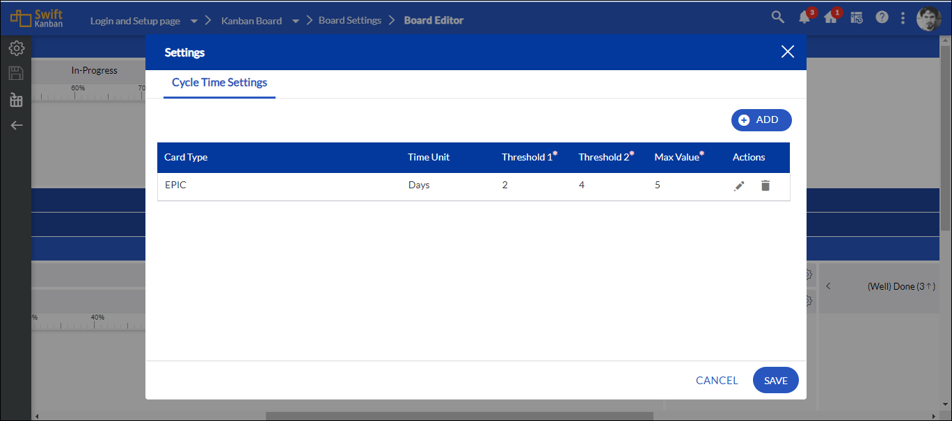 cycle time settings for column in portfolio lane