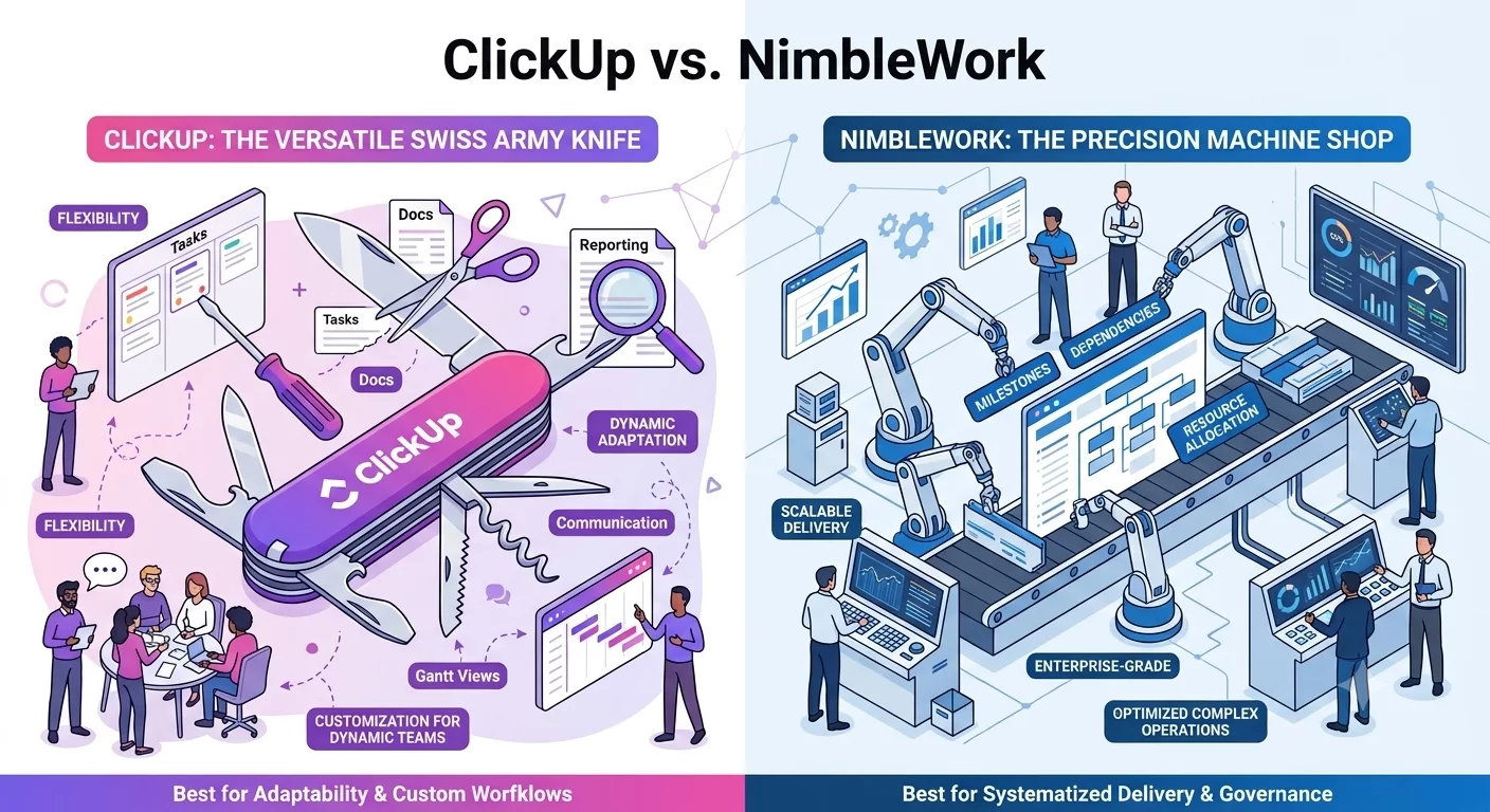 Gemini Generated Image kwbo2ekwbo2ekwbo Image depicting major differences between both the tools-NimbleWork and ClickUp