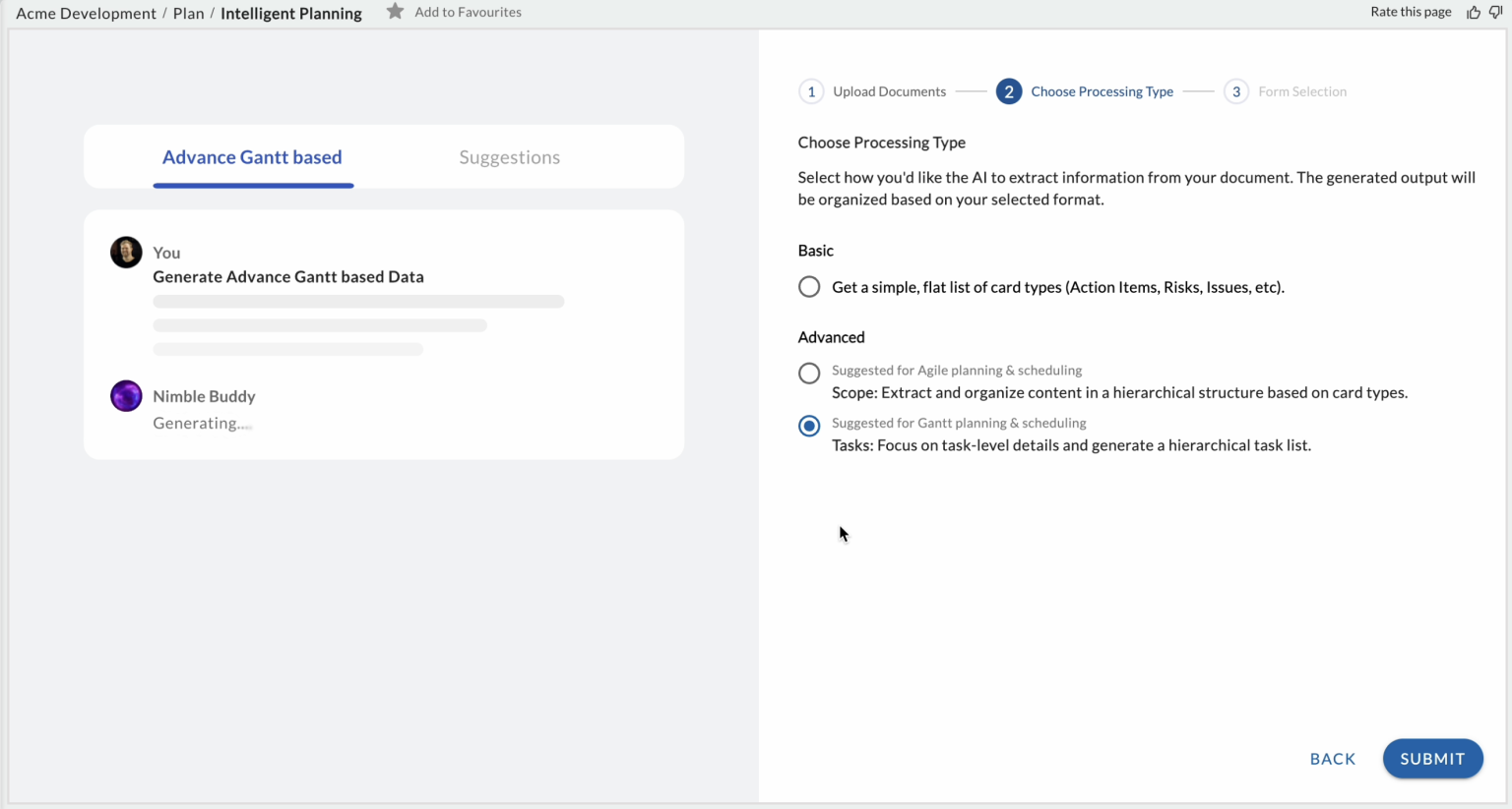 Processing type 'Processing type' filed in the intelligent planning AI agent